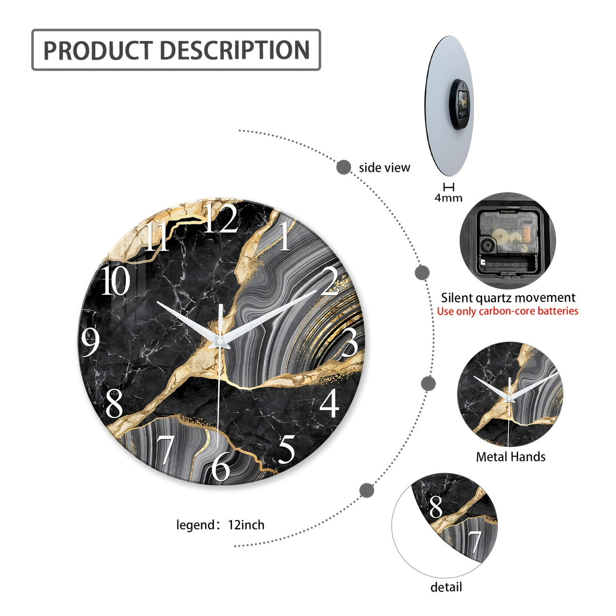 Modern Large Glass Wall Clock - Marble Texture, Silent Non-Ticking, AA Battery Powered (Batteries Not Included), for Modern Living Room, Bedroom, Kitchen, Office Wall Decor, Christmas And Housewarming Gift, Modern Living Room Decor, 12-24 Inch