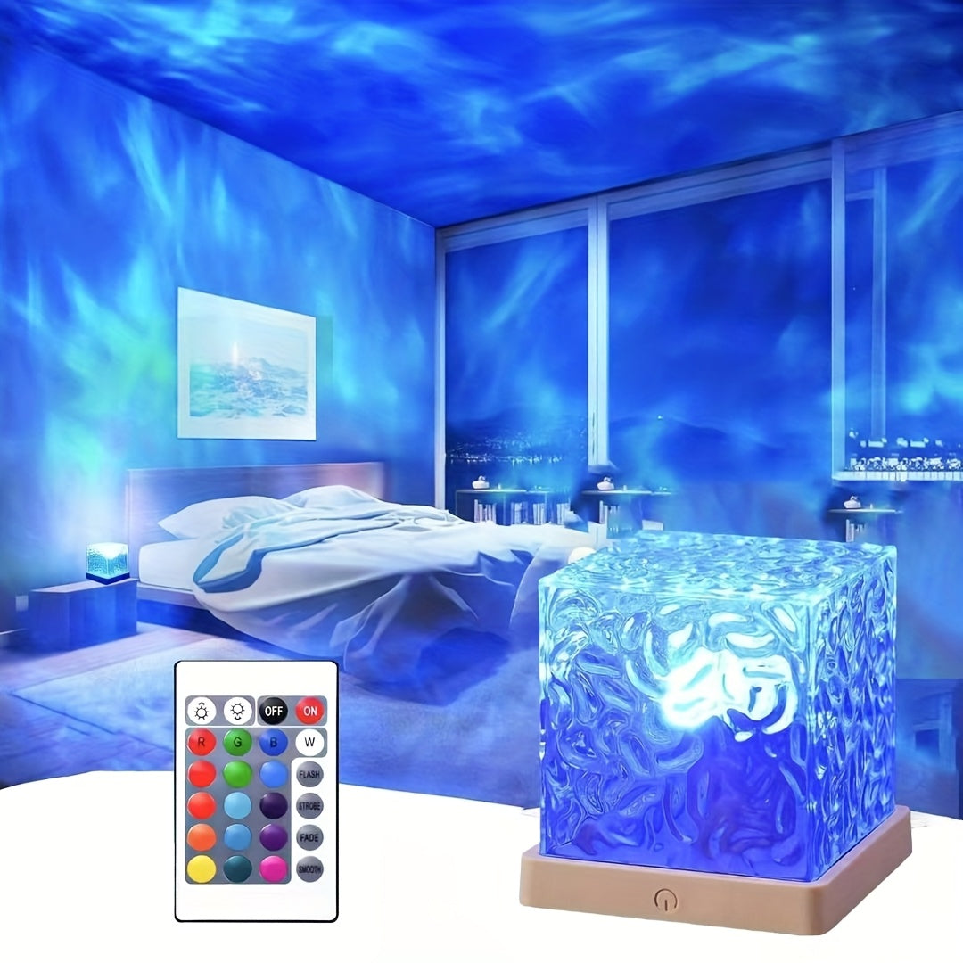 16-color Ocean Wave Projector Lights, Luminothe Cube Lights and Remote Controllers, 3D Holographic Water Ripple Romantic Atmosphere Lighting Device, Suitable for Decoration in Living Rooms and Bedrooms, Meditation Relaxation, and Night Lighting.