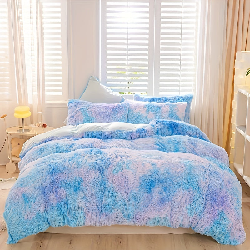 Plush Duvet Cover Set with 2 Pillowcases, 3-Piece Zipper Closure Bedding in Solid and Tie Dye Colors for Bedrooms, Guest Rooms and Dorms, No Insert