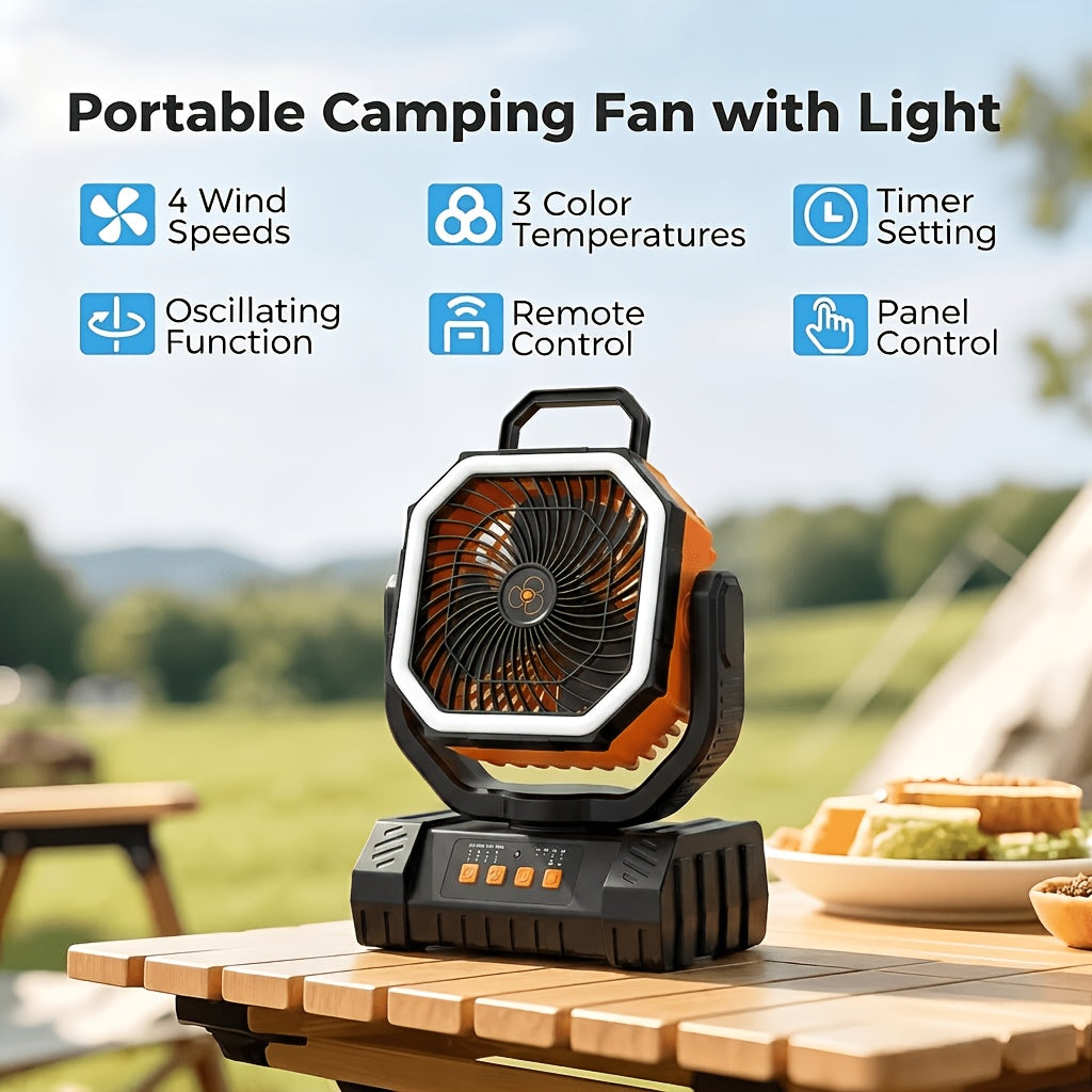 Portable Camping Fan with LED Light 20000Mah Rechargeable Battery Remote Control And Oscillating Function, 4 Wind Speeds, 90° Oscillation, 1-8 Hour Timer, Remote Control Included. Suitable for Indoor And Outdoor Use, Tents, Travel