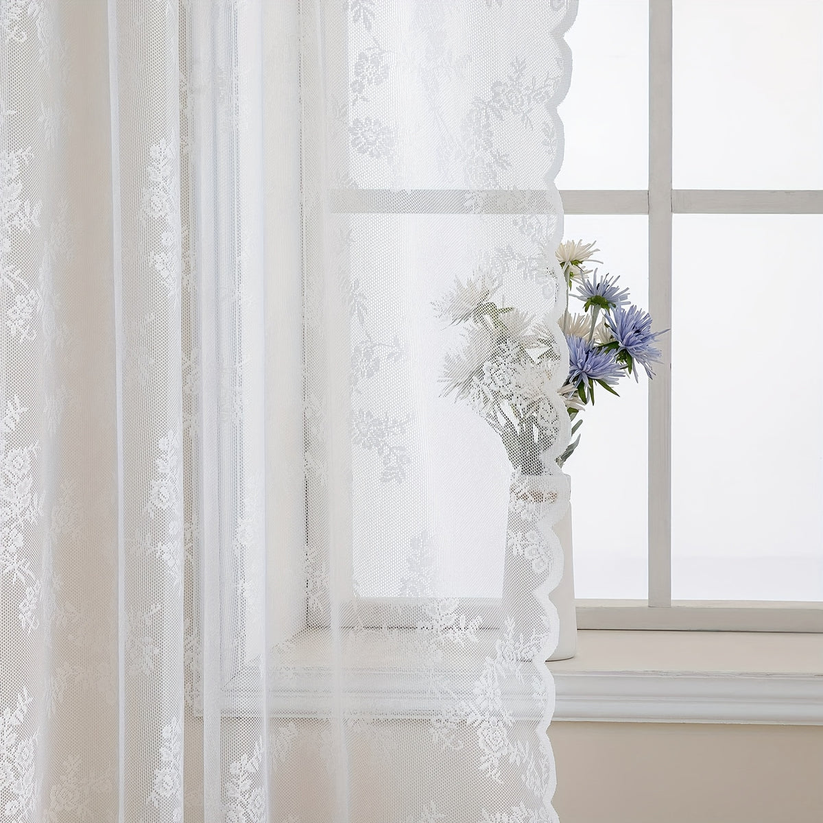 Romantic Pastoral Lace Sheer Curtain for Balcony and Office, Translucent Window Drapery with Floral Pattern, Machine Washable Polyester, Rod Pocket Design - 1pc