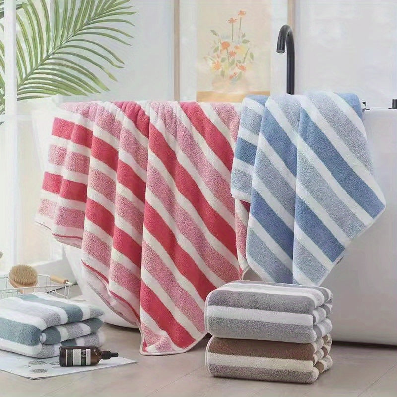 8pcs Lint-Free Super Absorbent Soft Five-Star Hotel Standard Two-Color Striped Spaced Bath Towel Set, Including 2 Large Bath Towels, 2 Medium Bath Towels And 4 Small Bath Towels, Wash Cloths