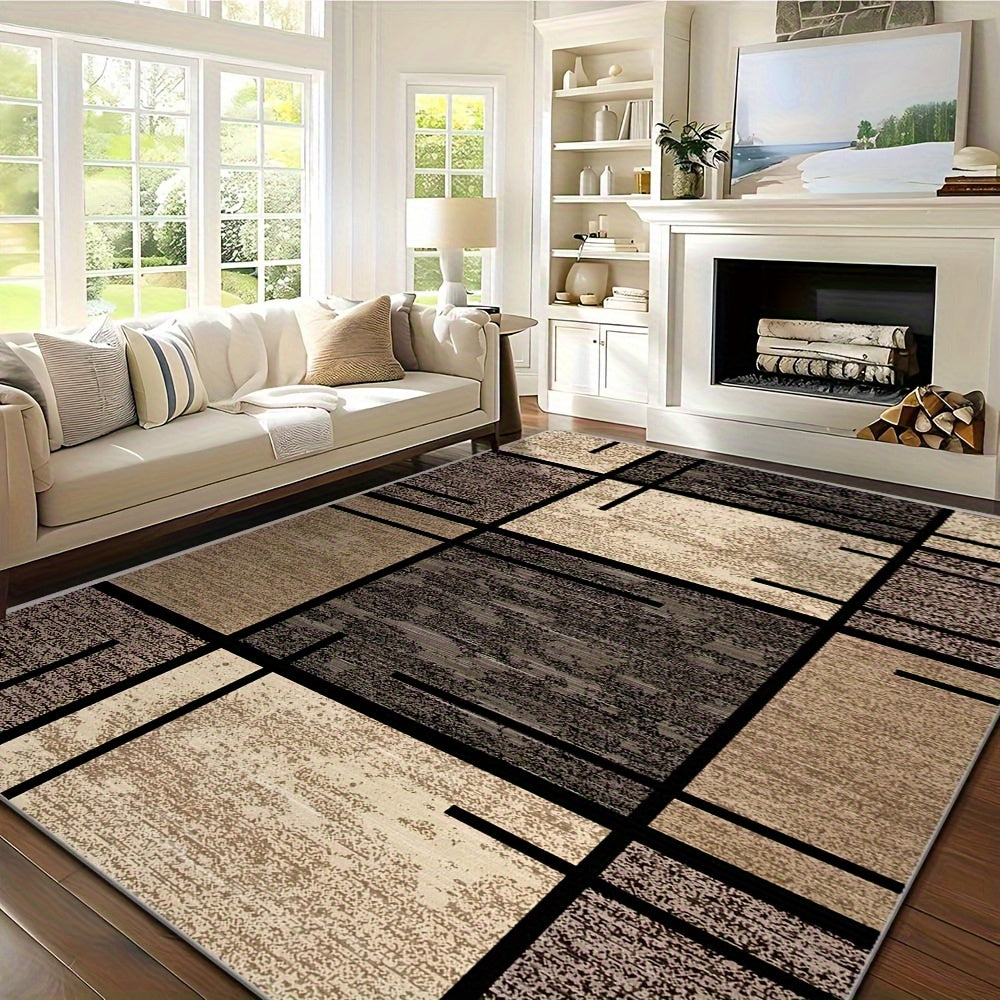 Luxury Velvet Area Mat - Premium Machine Washable, Fade-Resistant Polyester Mat for Living Room, Bedroom, Office, And Outdoor Decor - Rectangle, Lightweight, And Easy to Clean - 850 GSM, Beige And Brown Geometric Pattern, Comfortable Bedroom Mat