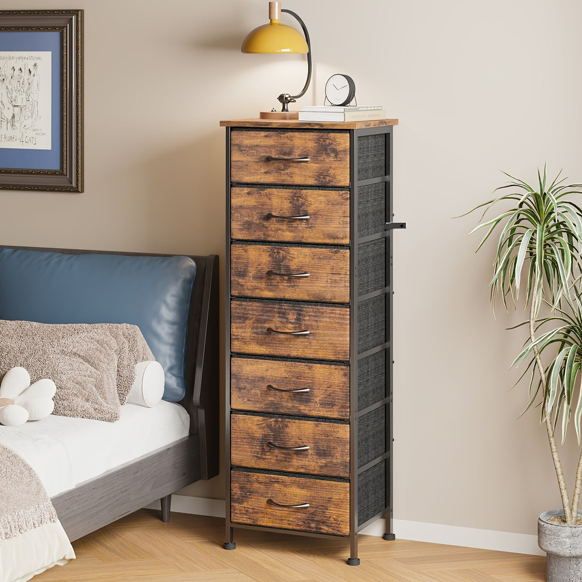 WHONLINE Tall Dresser, 41/47In Storage Dresser Organizer with 6/7 Fabric Drawers for Bedroom, Nightstand Furniture in Closet, Entryway, Closet Systems, Clothing And Closet Storage, for School Storage, Home Decor, for Back to School