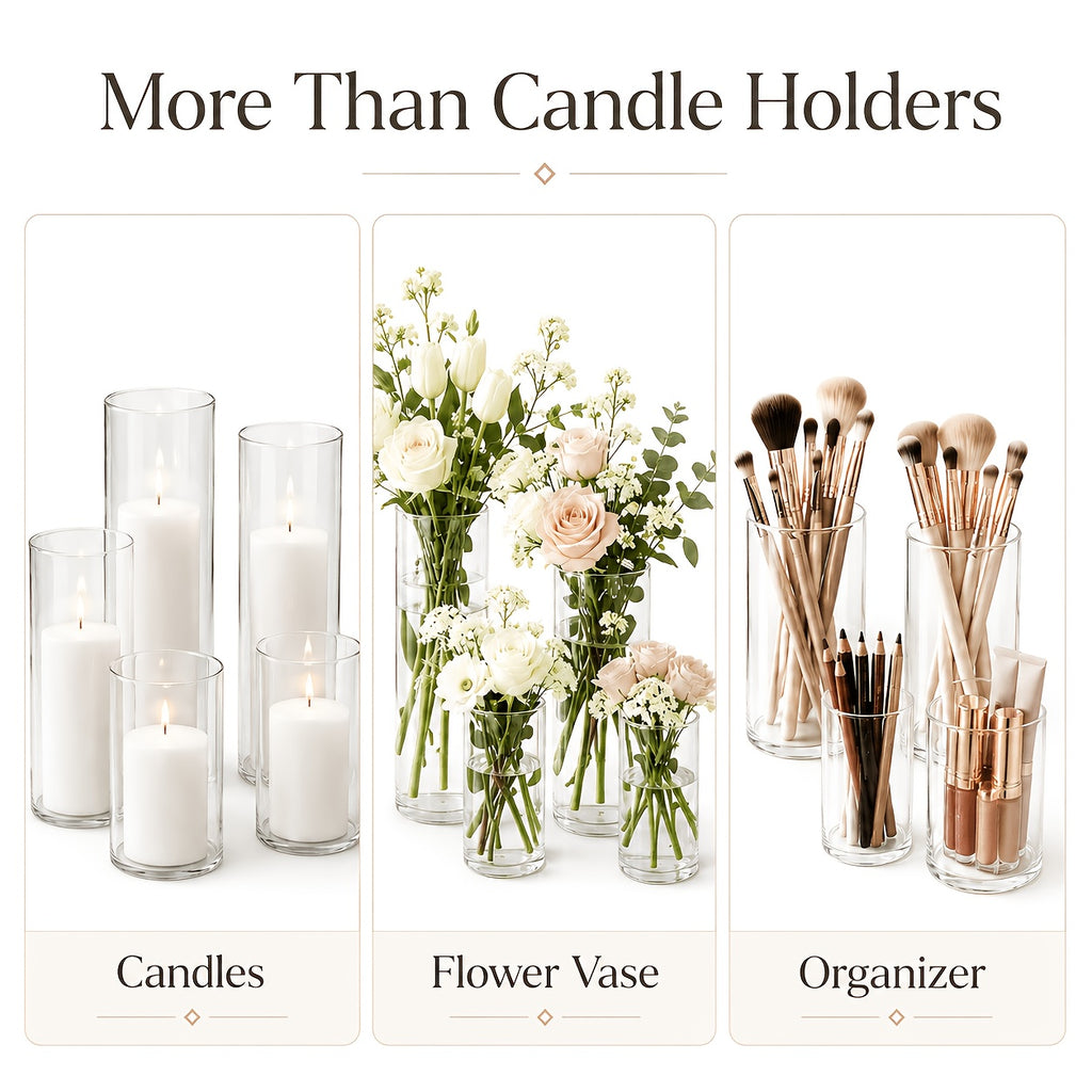 White Pillar Candles with Clear Glass Hurricane Holders- Elegant Cylinder Candle Vases for Weddings, Parties, Centerpieces, Home & Office Decor