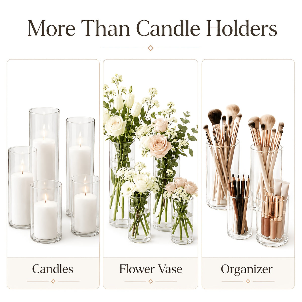 White Pillar Candles with Clear Glass Hurricane Holders- Elegant Cylinder Candle Vases for Weddings, Parties, Centerpieces, Home & Office Decor