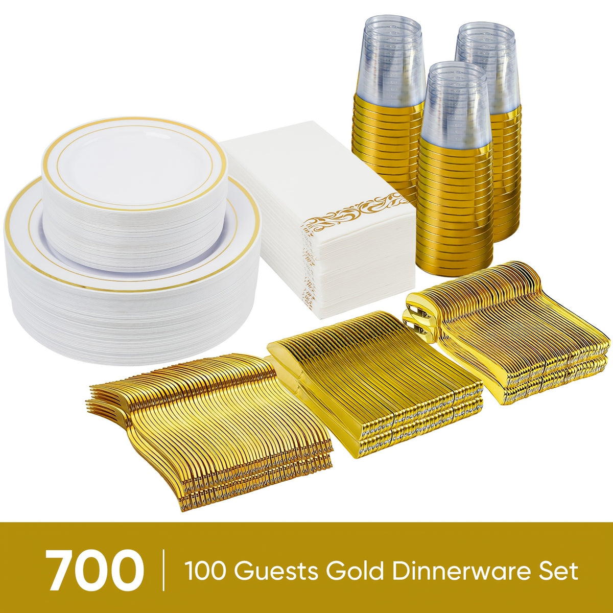 Set of 350/700 Golden/Silver Disposable Plates for 50/100 Guests, Disposable Plastic Plates for Parties, Wedding, Graduation, Birthday, Dinnerware Set of Dinner Plates, Salad Plates, Cutlery, Cups And Napkins