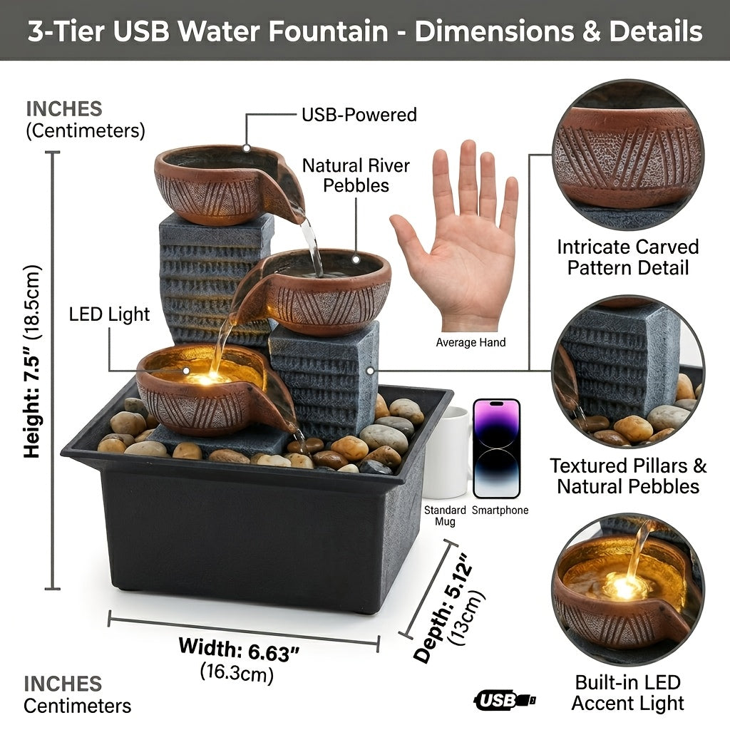 New Desktop Fountain, 4-Level Desktop Waterfall, Meditation Fountain, Indoor Fountain, Office And Home Relaxation, Desktop Fountain Pool, LED Lights, Fixed Decorative Bubble Balls (With Natural River Stone Decoration Included)