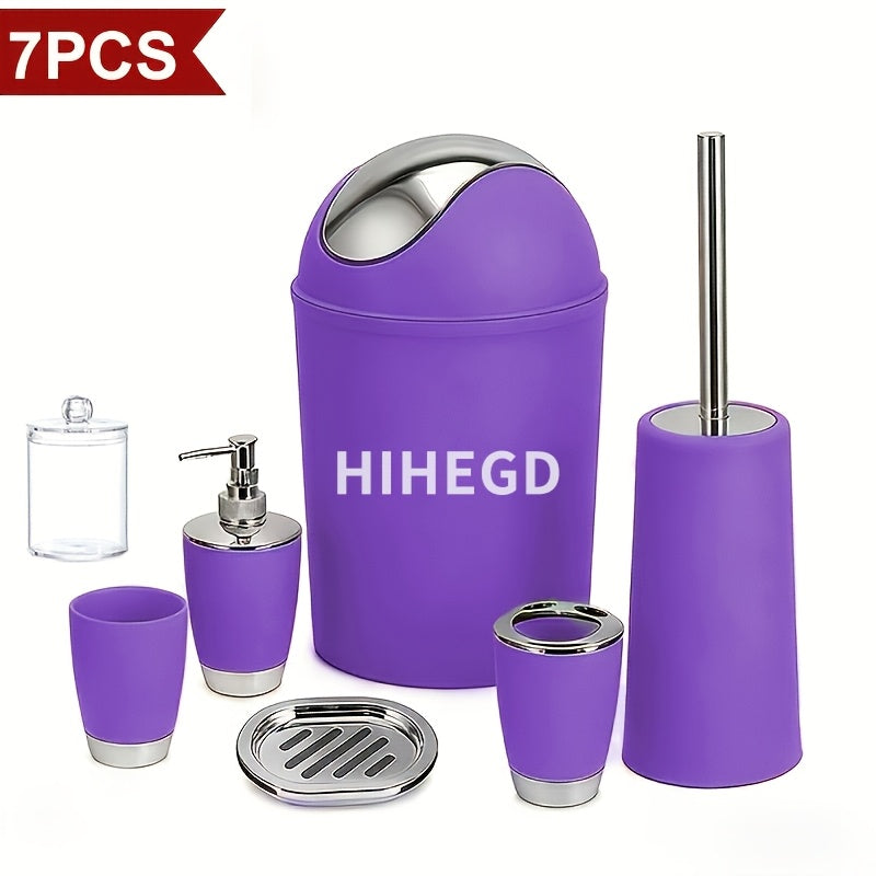 7pcs Luxury Bathroom Accessory Set - Premium Quality, Modern Style - Complete with Trash Can, Toilet Brush, Lotion Dispenser, Soap Dish, Mouthwash Cup & Toothbrush Holder - Space-Saving, Easy to Clean, Ideal for Bathroom Decor And Housewarming Gifts