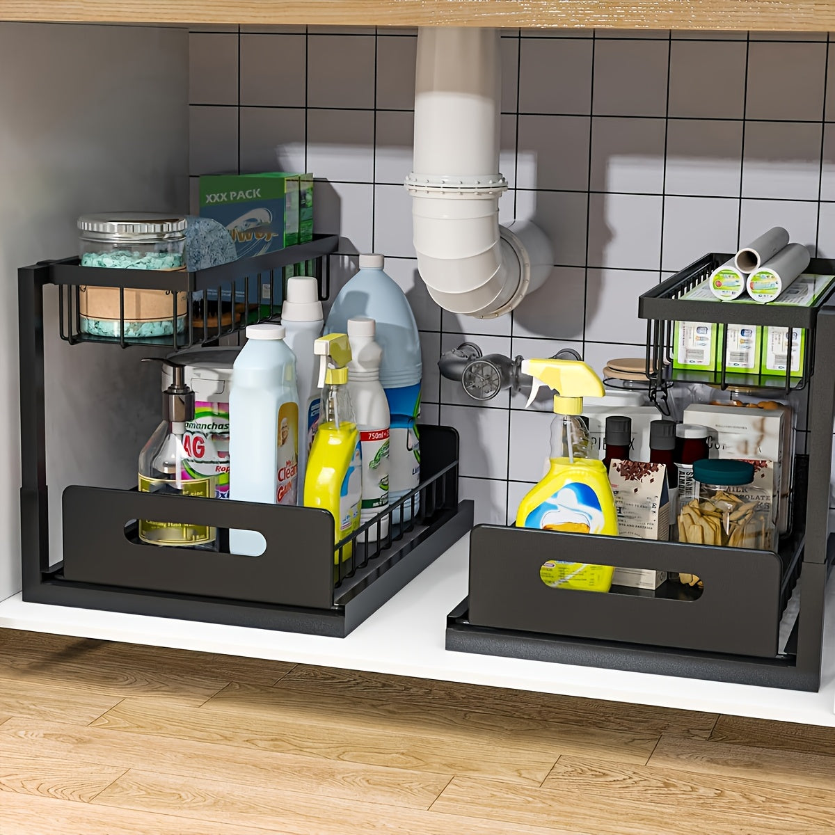 2-Tier Under Sink Organizers And Storage, Under Sink Organizer, Slide Out Pull Out Cabinet Organizer Shelf, Metal Sliding Drawer for Kitchen Bathroom Pantry Cabinet Closet Organization Rack (1 PACK/2 PACK)