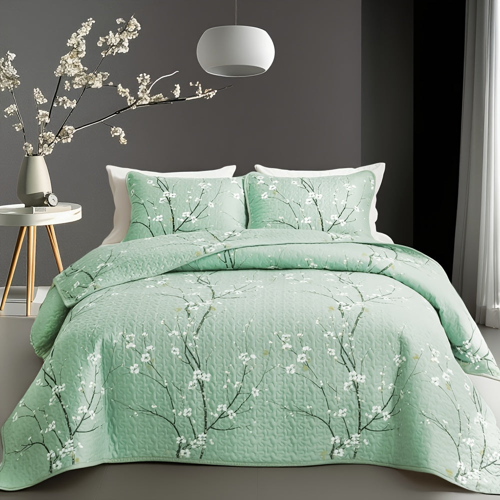 2/3pcs Multicolour Tree Branch Plum Blossom Quilted Quilt, 1pc Quilted Quilt+ 1/2pcs Pillowcases, Soft Breathable Comfortable Portability Hypoallergenic Machine Washable Bed Cover Bedding Room Decor, Twin/ Queen/ King Size