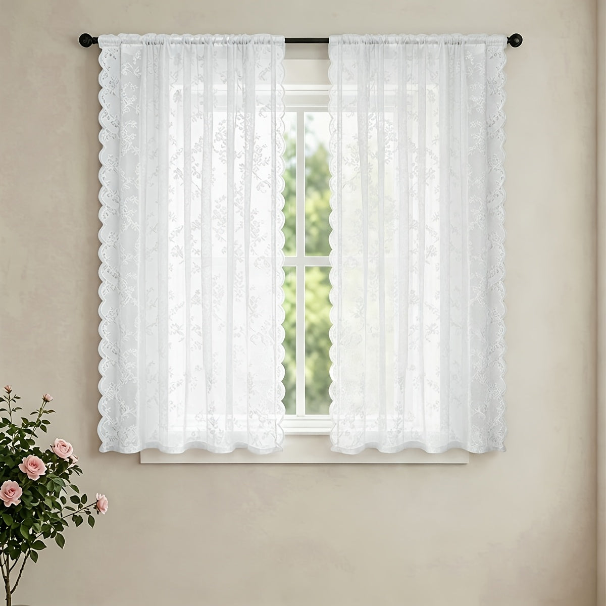 Set of Two White Lace Curtains with Floral Designs, Featuring a Bohemian Style And Semi-Transparent Fabric That Filters Sunlight. Suitable for All Seasons
