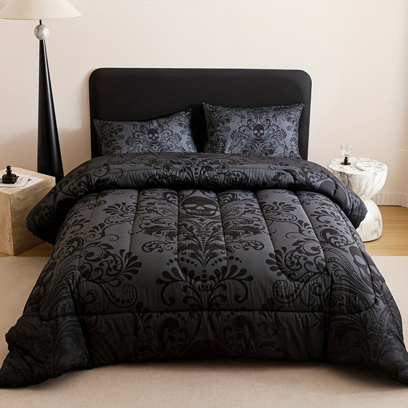 2D Flat 3pcs Black Gray Design Skull Quilt Set (1 Comforter +2 Pillowcases Without Pillow Core), Contains Padding 180gsm Quilting Soft Ventilate Digital Printing Bedroom Dormitory At Home Room Decor Back-to-School Season Valentine'S Day Gift-Giving