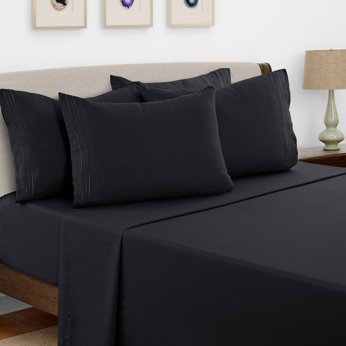Lux Decor 6 Pieces Solid Bed Sheets Set - Modern Soft Comfortable Bedding Set, Hotel Luxury Skin Friendly Cooling Sheets & Embroidered Pillowcases Without Filler - All Seasons Bed Sheet with 16 Inches deep Pocket, Breathable Skin Friendly & Cooling Sheets