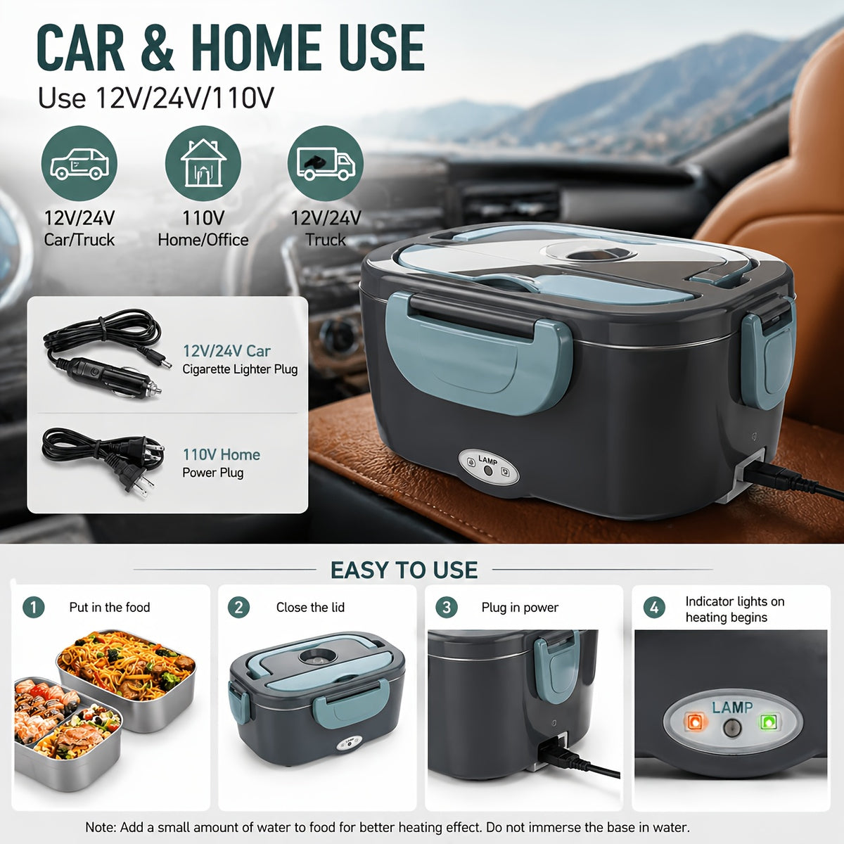 Electric Lunch Box Food Warmer with DC12-24V Car and AC120V Home Power, Portable Divided Meal Container and Insulation Bag for Office Travel