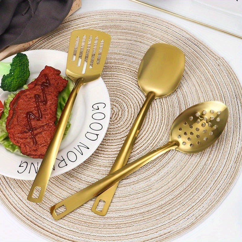6pcs Set of Korean Style Stainless Steel Golden-plated Kitchen Utensils: Home Cooking Spoons, Frying Flip Spoons - Essential Luxury Golden Service Spoons with Filters and Hot Pot Clips, Perfect for Cooking, Buffets, Restaurant Banquets