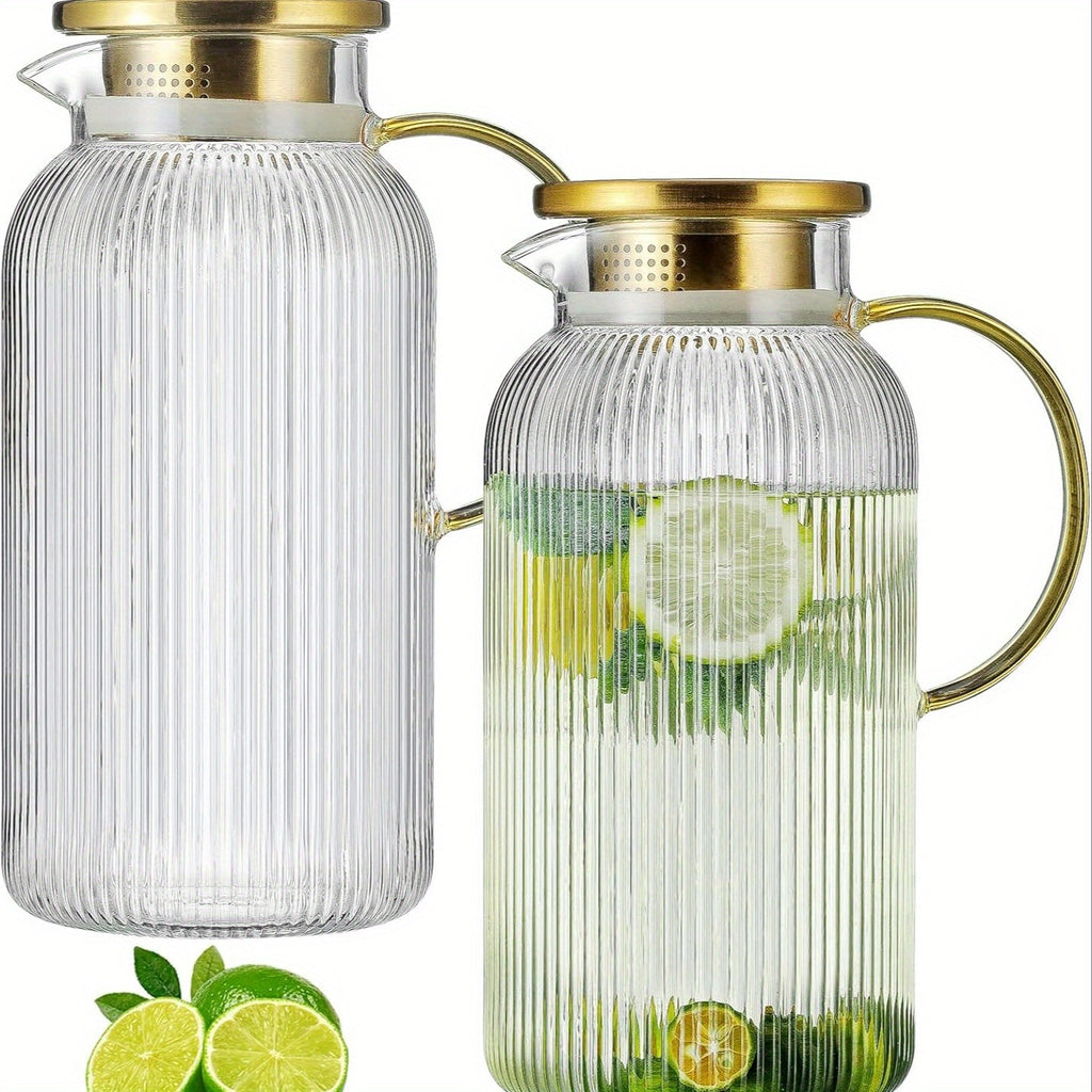 FBL&HM 2/4 PACK Glass Pitcher With 304 Stainless Steel Lid, 68 Oz/ 2 Liter Classic Vertical Stripes Water Pitcher, Glass Water Carafe For Cold Brew, Coffee, Lemonade, Iced Sun Tea, Beverage, Milk, Heat Resistant