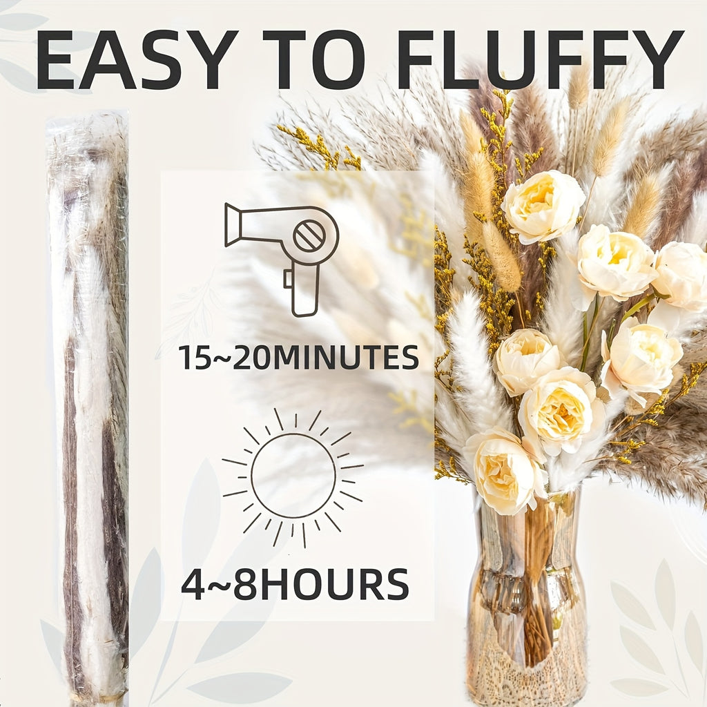 91/51pcs Large Dried Pampas Grass Bouquet with Artificial White & Beige Roses - Full Blooming Wedding, Home, Farmhouse Centerpiece - Low-Maintenance Boho Table Decor, Rustic Dried Flower Arrangement (No Vase Included)