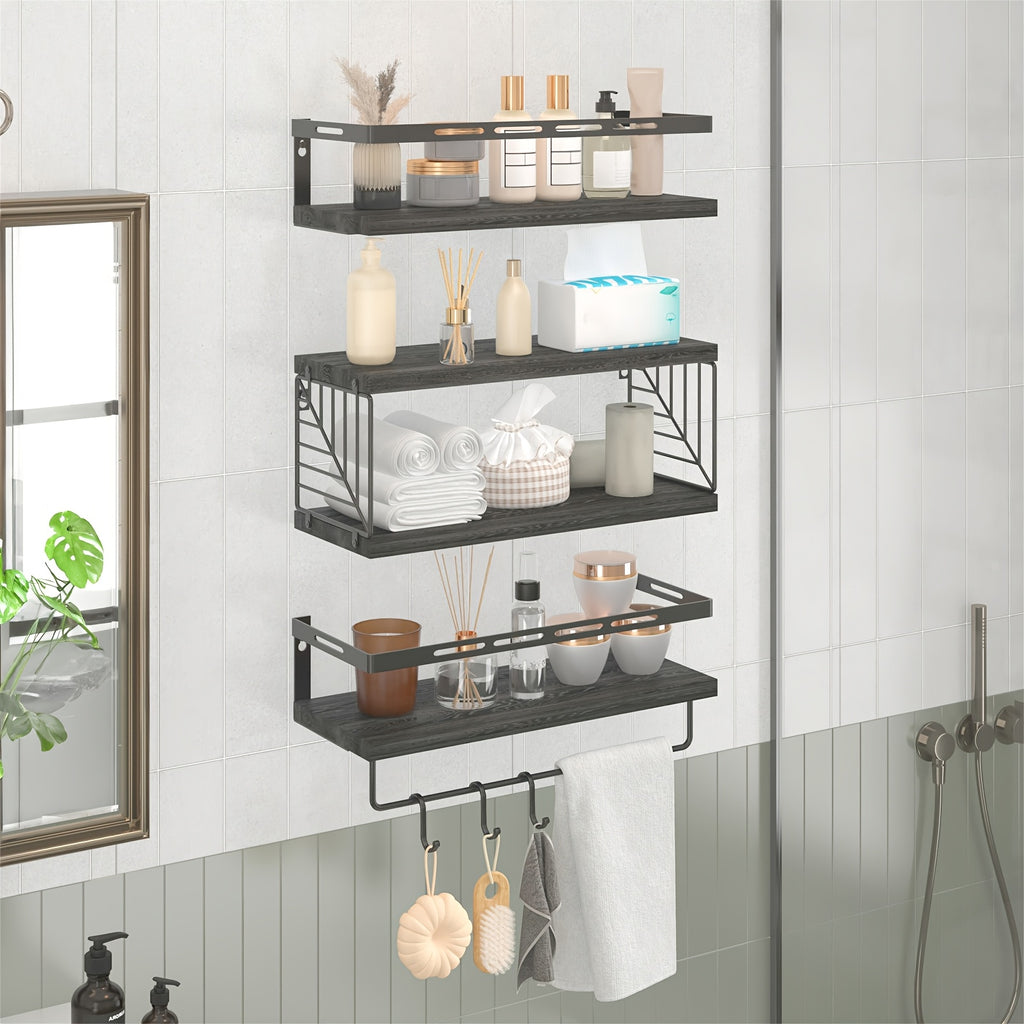 TOMNK 3+1 Tier Wall-Mounted Shelf with Black Metal Guardrails and Storage Baskets, Sturdy and Durable, Space-Saving, Multi-Functional Home Decor, Suitable for Kitchen, Bathroom, Bedroom, Living Room, Small Indoor Spaces, Wall Decoration
