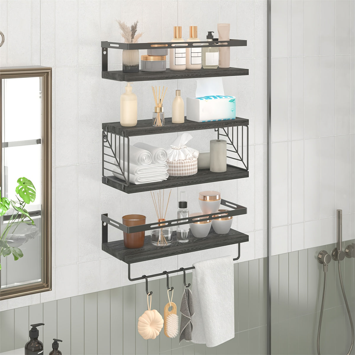 TOMNK 3+1 Tier Wall-Mounted Shelf with Black Metal Guardrails and Storage Baskets, Sturdy and Durable, Space-Saving, Multi-Functional Home Decor, Suitable for Kitchen, Bathroom, Bedroom, Living Room, Small Indoor Spaces, Wall Decoration