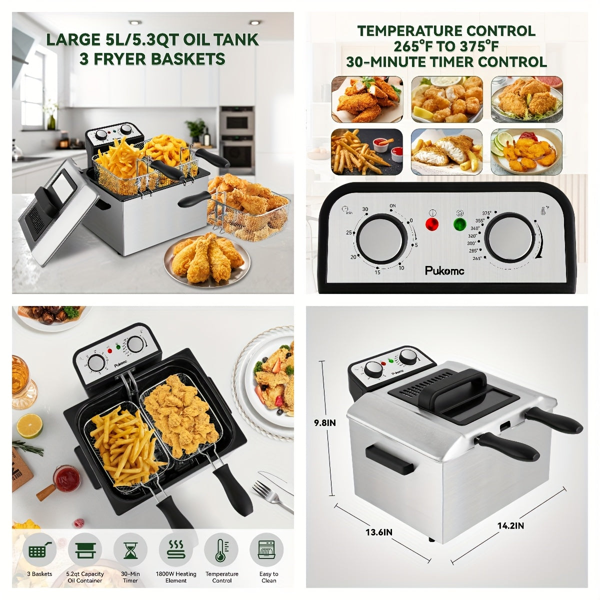 SUSTEAS Household Deep Fryer, Large Capacity Oil Fryer with 5 Sizes, Adjustable Temperature Control, Easy-to-Clean Pot, Made Of Stainless Steel, Local Warehouse, Compact And Durable Design, Stylish Cooking Appliance & Essential Kitchen Tool.