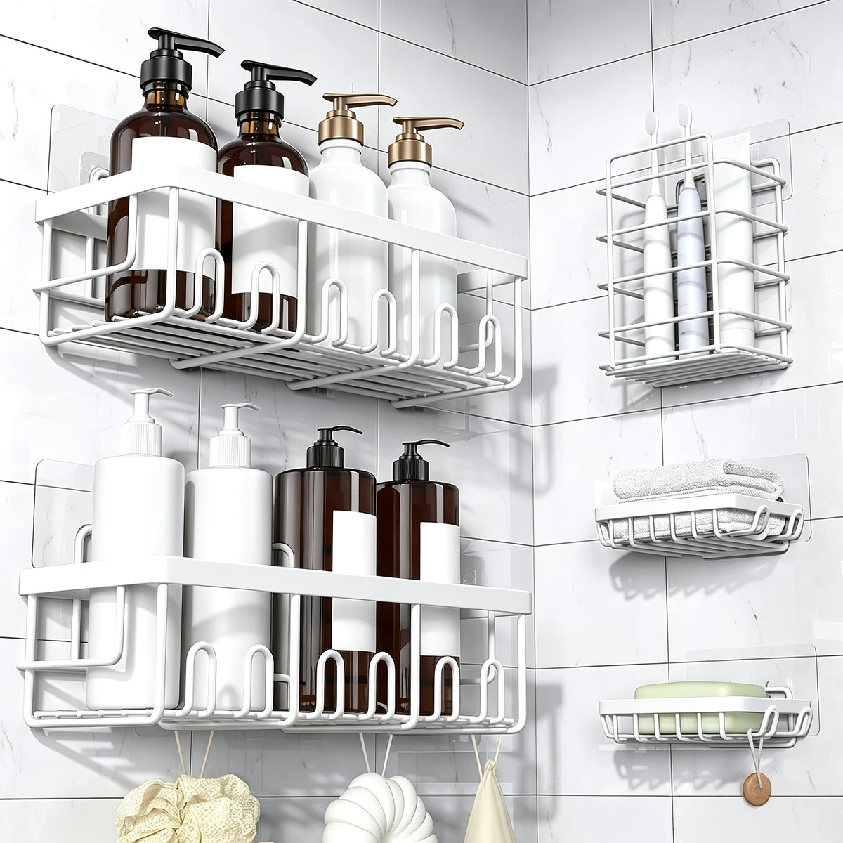 Shower Caddy Organizer, 5-Pack Adhesive Rustproof Stainless Steel Shower Shelves with Soap Holder, No Drilling Shower Storage Rack for Family Renters Bathroom, Random Colors to Choose, Shower Caddies