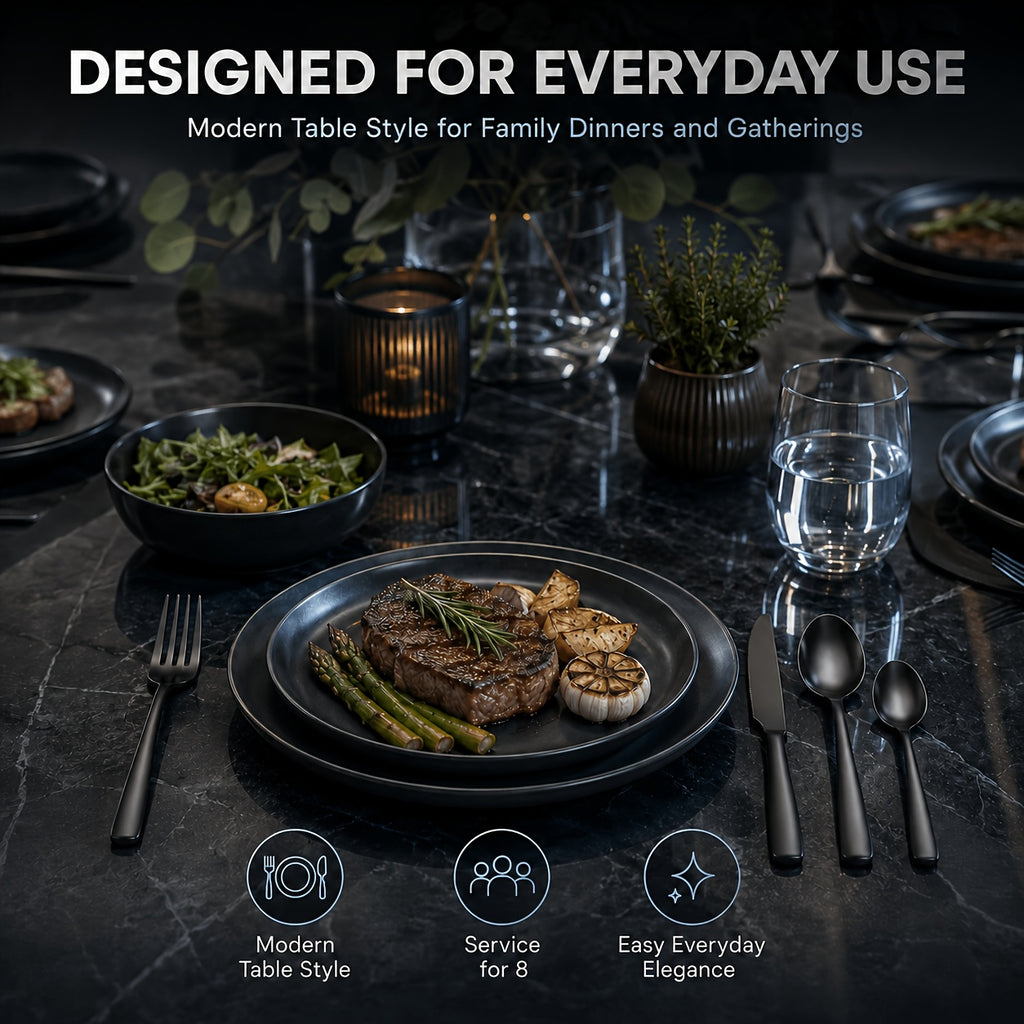 48pcs Black Silverware Set with Steak Knives Service for 8, Stainless Steel Flatware Set, Mirror Polished Kitchen Additions, Home Kitchen Party Eating Tableware Set, Includes Fork Knife Spoon Set, Dishwasher Safe