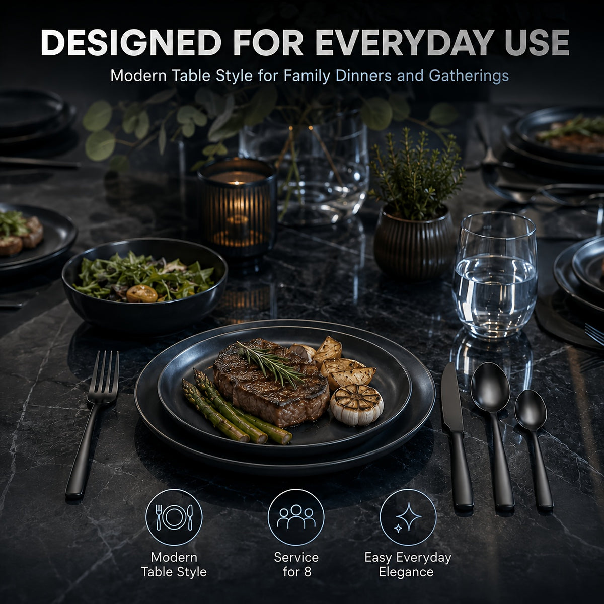 48pcs Black Silverware Set with Steak Knives Service for 8, Stainless Steel Flatware Set, Mirror Polished Kitchen Additions, Home Kitchen Party Eating Tableware Set, Includes Fork Knife Spoon Set, Dishwasher Safe