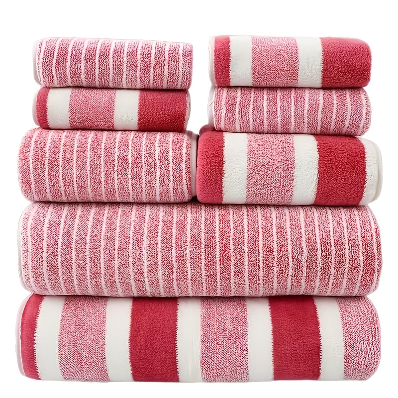 8pcs Set, No Hair Loss, Super Absorbent, Super Soft Two-Color Striped Interval Bath Towel Combination, Including 2 Large Bath Towels, 2 Large Face Towels, 4 Hand Towels