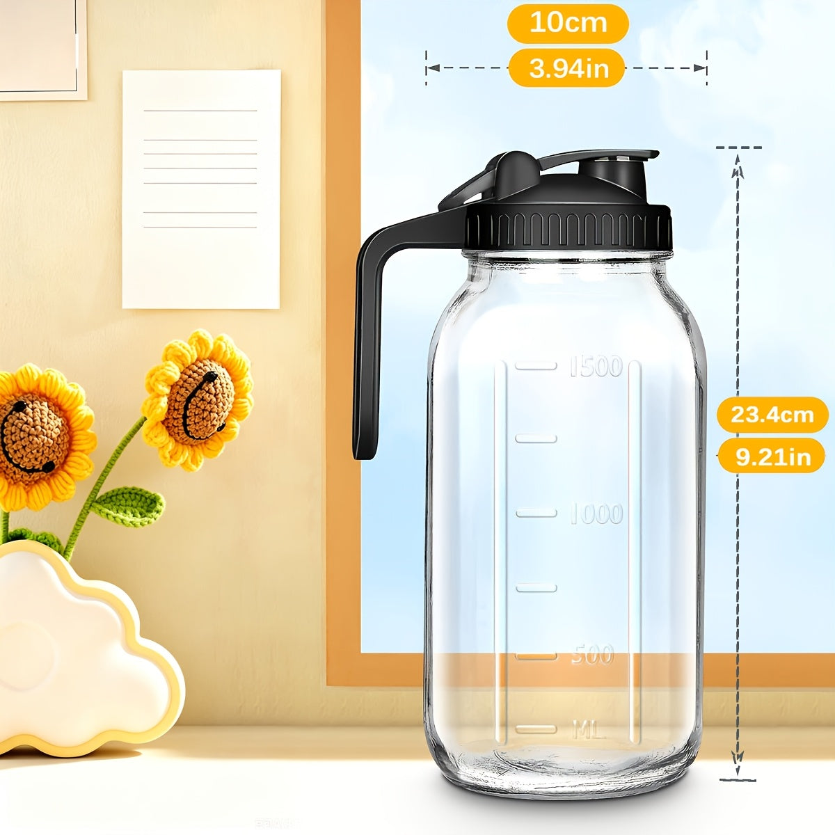 2/3pcs Thickened Glass Water Pitcher, Black/Gray, 64oz Mason Cold Brew Bottle, with Sealed Leak-Proof Lid, Lead-Free Glass Material, Breast Milk Jug, Refrigerator Storage, Coffee, Family Dinner Water Cup (2/3pcs)