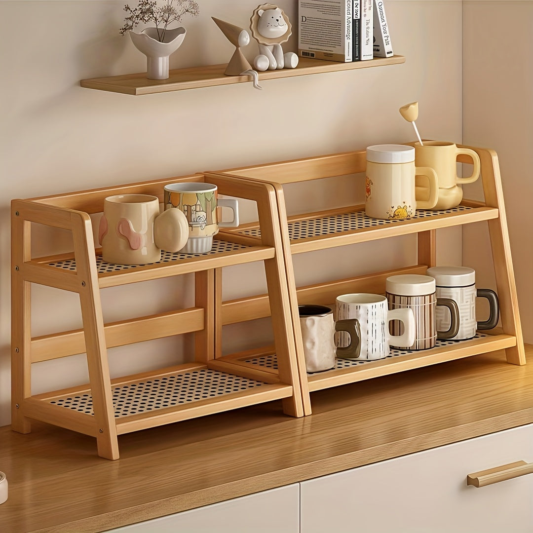 2-Tier Wooden Storage Rack - Modern Vintage Cream Trapezoid Shelf | Wood End, Multi-Purpose Countertop Organizer for Kitchen, Office, Bedroom And Dorm | Perfect for Coffee Mugs And Daily Essentials - 1/2pcs (Large Medium)