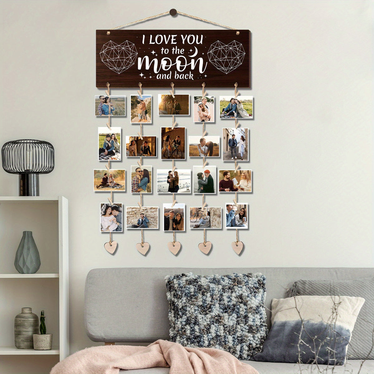 1 Set Wooden Hanging Photo Frames, I Love You to The Moon And Back Picture Holder - Gifts for Him Boyfriend, Her Girlfriend And Wife Husband, Romantic Picture Frame Gifts of Couples for Wedding, Anniversary, Valentine'S Day, Christmas Gifts