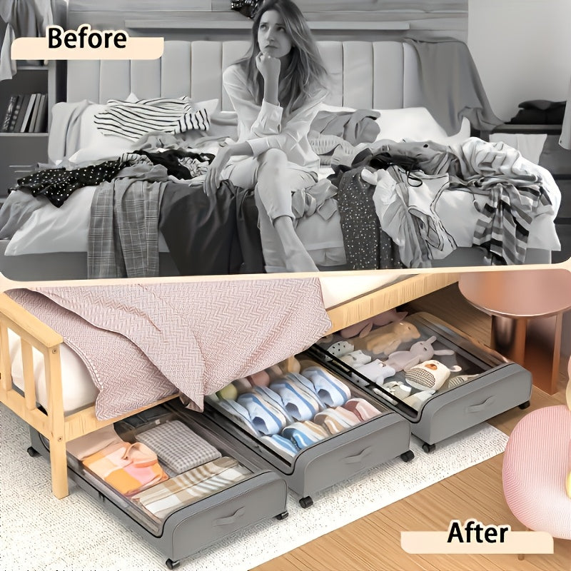 2 Pack Rolling Underbed Storage Box, Under Bed Storage Bins, Under Bed Shoe Rack Organizer, Rolling Underbed Metal Drawer for Clothes, Blankets, Shoes,, Books, Bedding, Under-Bed Storage