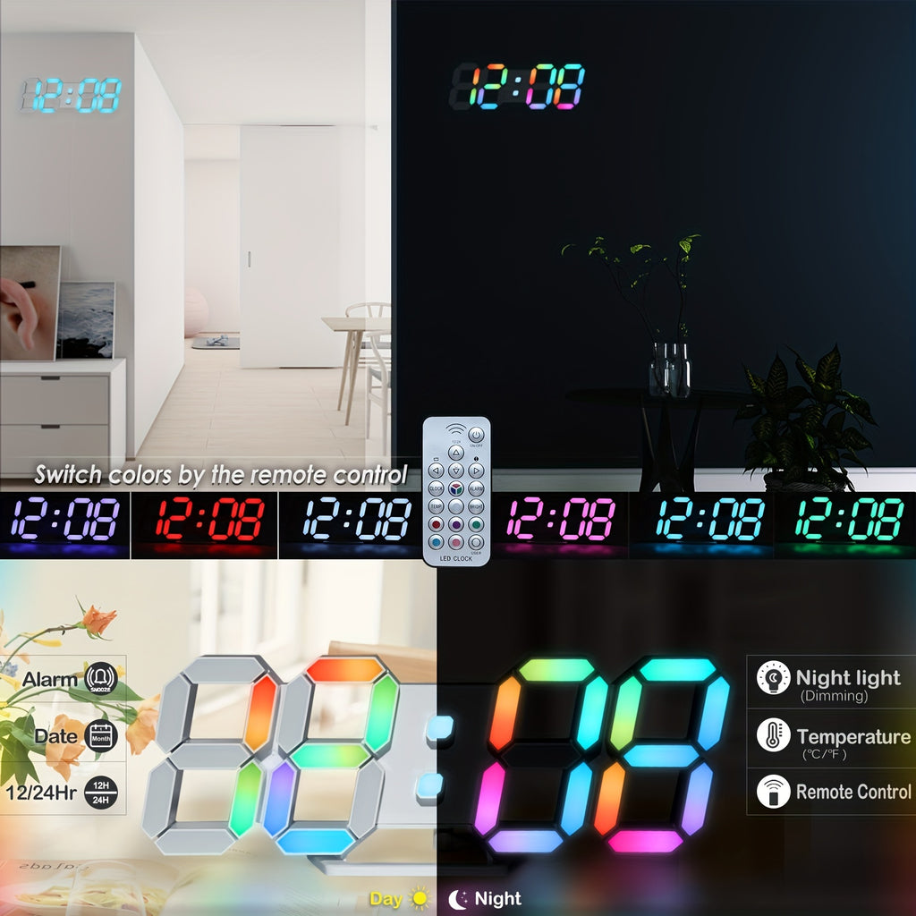 1pc RGB Neon LED Clock 9. 7" Digital Wall Clock Large Display Aesthetic Alarm Clock for Bedroom Living Room, Colorful, Remote Control, Adjustable Brightness, Date/Temperature