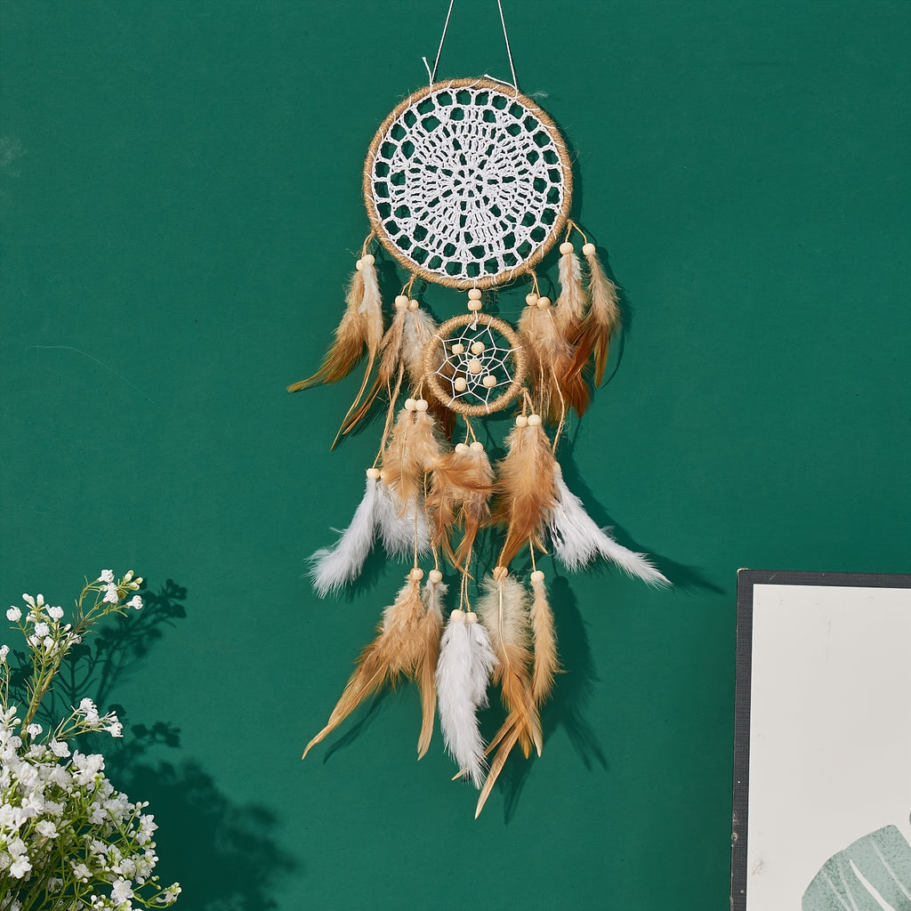 Dream Catcher Wall Decor Set of 5, Camel Boho Hanging Decorations with Woven Ring Designs and Feather Accents for Bedroom and Living Room