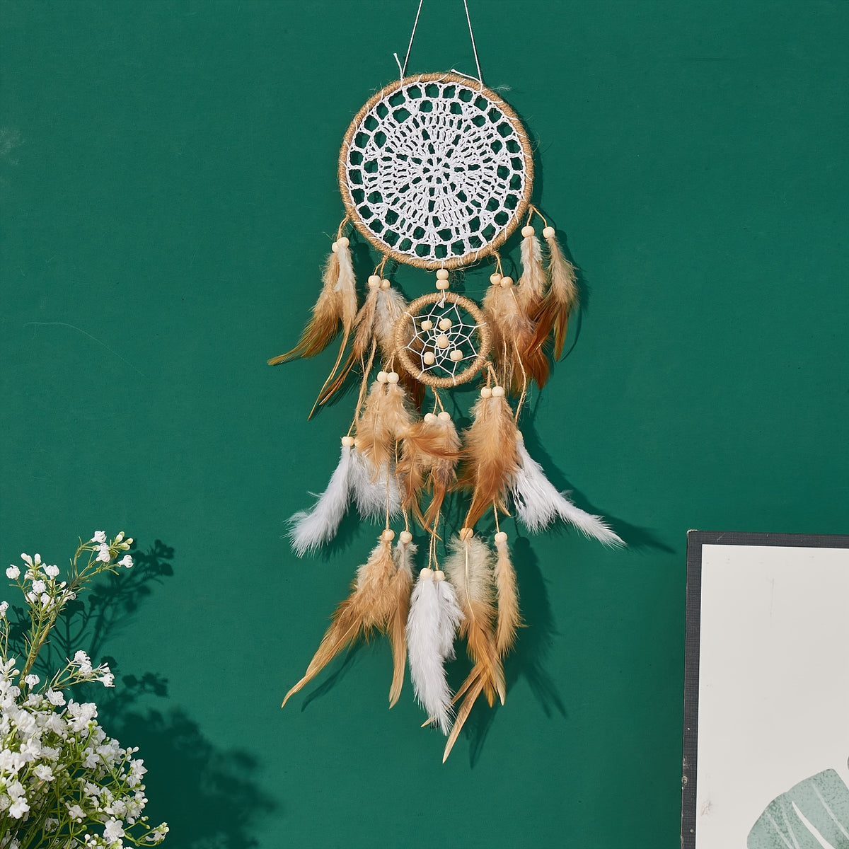 5pcs Large Size Dream Catcher, Handmade Moon Dream Chaser, Beautiful Dream Chaser Wall Decoration Dream Chaser Boho Wall Decoration Moon And Sun Sweet Dream Bed Decoration (camel Color, Not Included, Lamp, Stick), Best for Christmas, Perfect for Thanksgiv