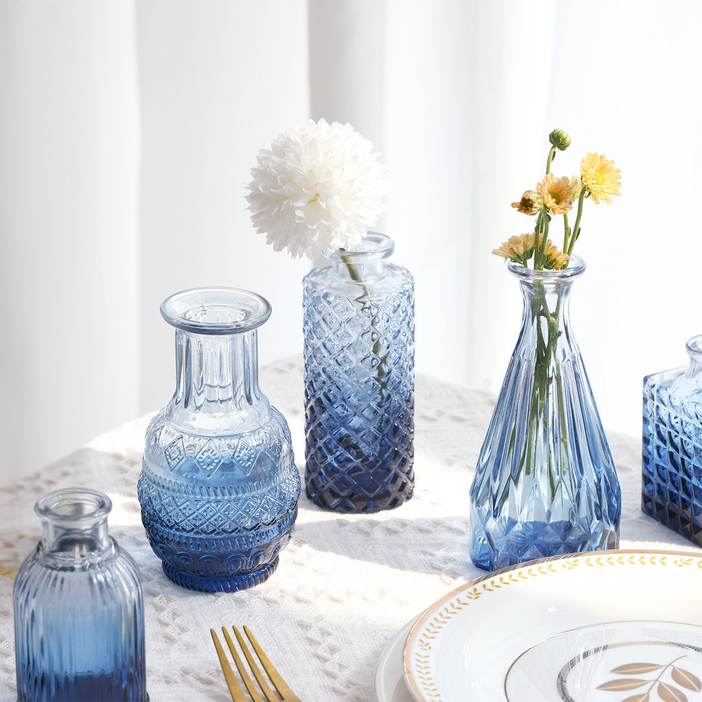 Blue Glass Bud Vases Set of 18, Vintage-Style Small Flower Vases in Assorted 3–6 Inch Sizes for Rustic Wedding Centerpieces and Home Table Decor
