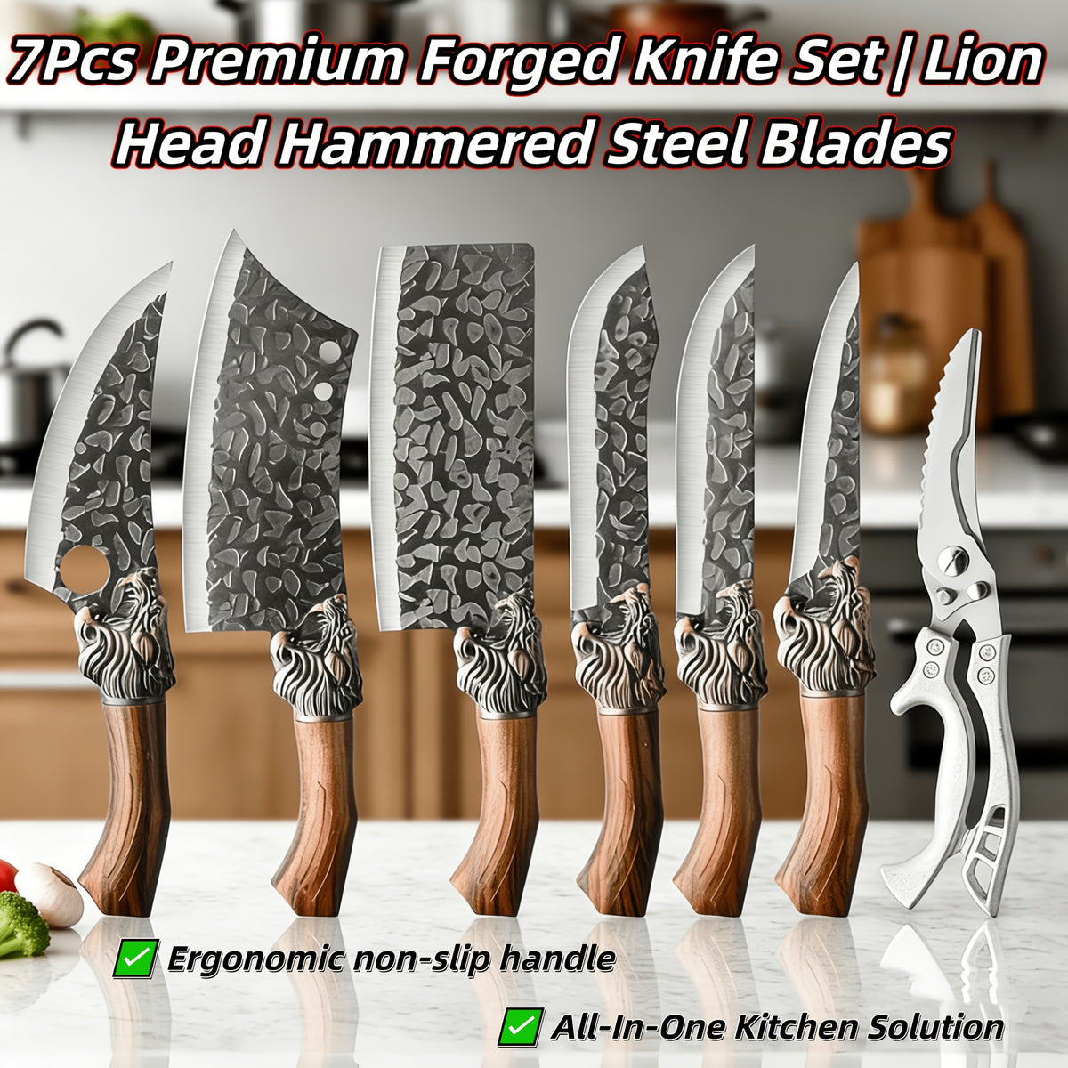 7pcs Chef Knife Set, Hand Forged Damascus Style Blade with Brown Wood Handle, V-shaped Sharp Blade, Suitable for Meat, Fish, Vegetables, Fruits, Professional Kitchen Knives, Suitable for Home Chefs And Chefs (ideal Gift) - Ergonomic Grip