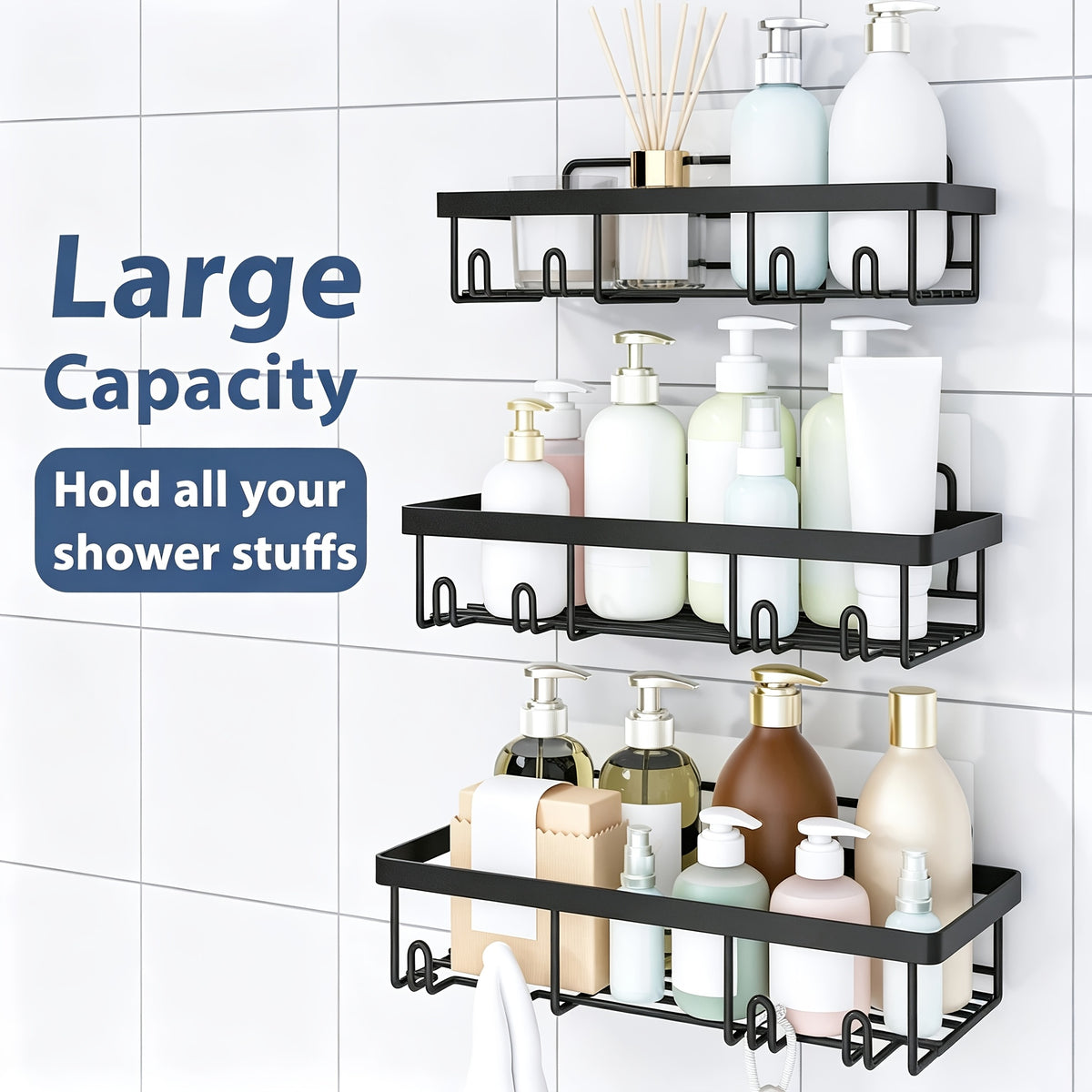 Shower Caddy, 5 Pack Shower Organizer Rack for Inside Shower, Self Adhesived Shower Shelf Large Capacity Rustproof Stainless Steel Bathroom Wall Storage Shower Basket, Random Color Properties to Choose, Shower Caddies