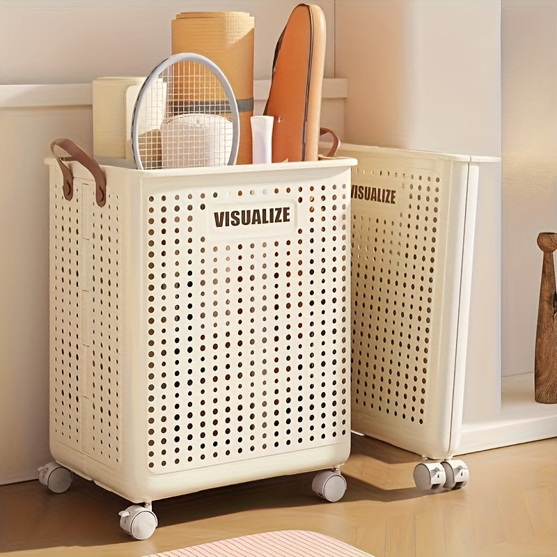 11/15/17.5 Gallon Foldable Laundry Basket with Wheels, Breathable Plastic Rolling Laundry Hamper with Faux Leather Handles, Space-Saving Clothes Storage Bin for Bathroom And Bedroom, Laundry Baskets