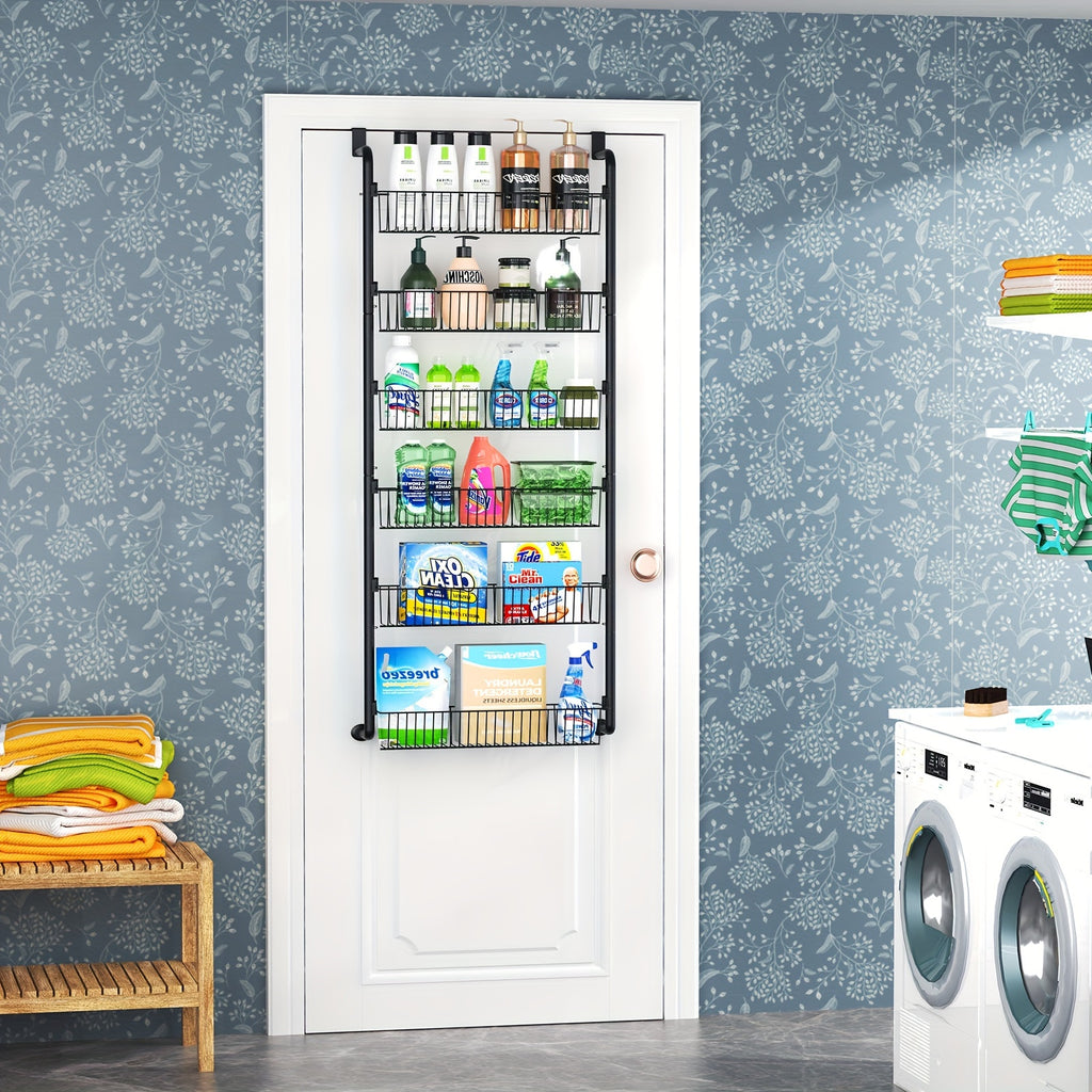 Metal Over Door Pantry Rack, 6 or 8 Tier Hanging Storage Organizer in Black or White for Spices, Packaged Foods, Bathroom Essentials and Laundry Supplies