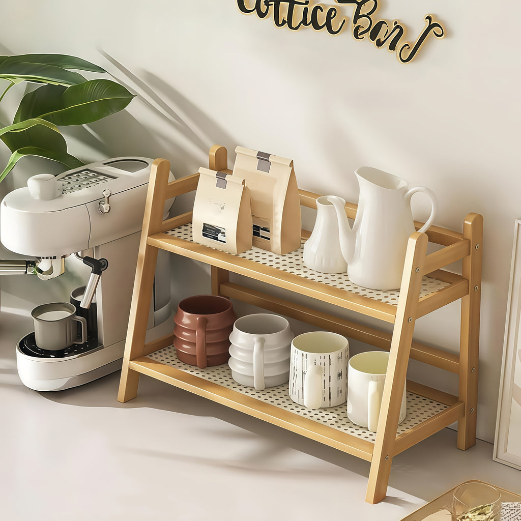 Bamboo Countertop Shelf Organizer, 2-Tier Trapezoid Storage Rack with Plastic Rattan Shelves for Coffee Mugs, Kitchen Essentials, Desks and Dorm Rooms