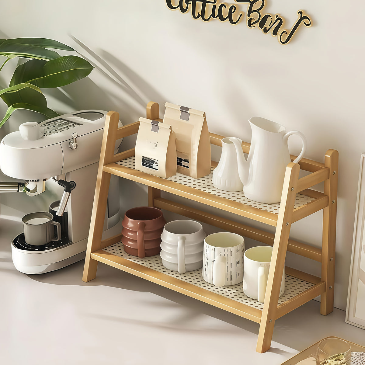 2-Tier Wooden Storage Rack - Modern Vintage Cream Trapezoid Shelf | Wood End, Multi-Purpose Countertop Organizer for Kitchen, Office, Bedroom And Dorm | Perfect for Coffee Mugs And Daily Essentials - 1/2pcs (Large Medium)