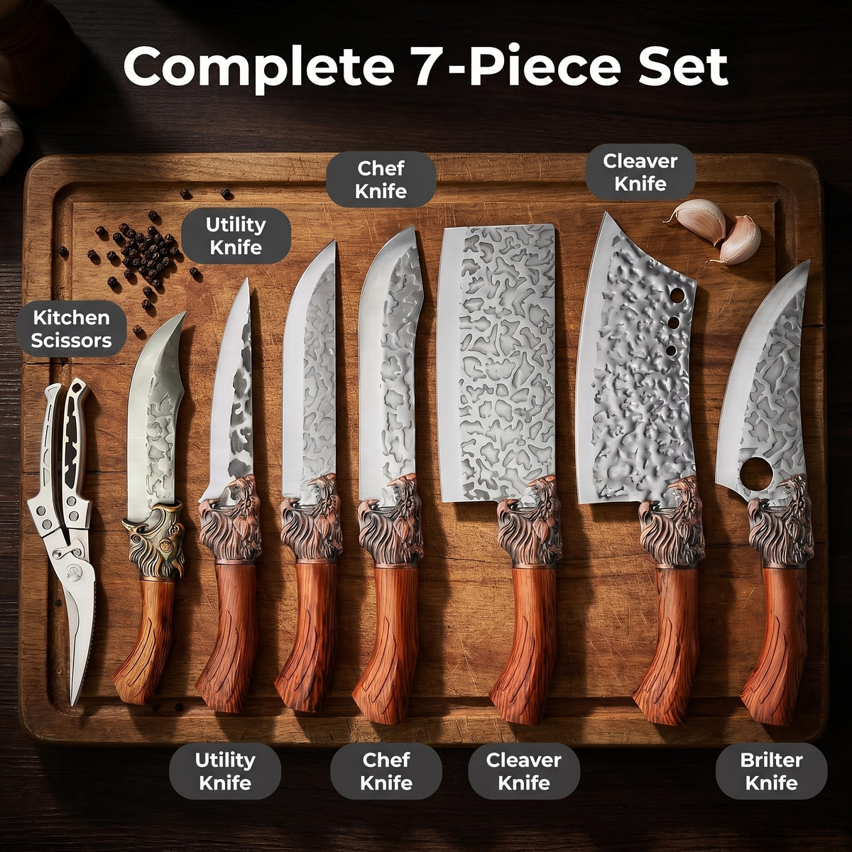 7pcs Professional Stainless Steel Kitchen Knife Set- Includes Boning Knife, Slicing Knife, Carving Knife, Fish Knife, Butcher Knife, And Scissors- Ultra Sharp, Suitable For Meat And Fish, Forged Set, Bone Knife, Multi-Piece Knife Set, Professio