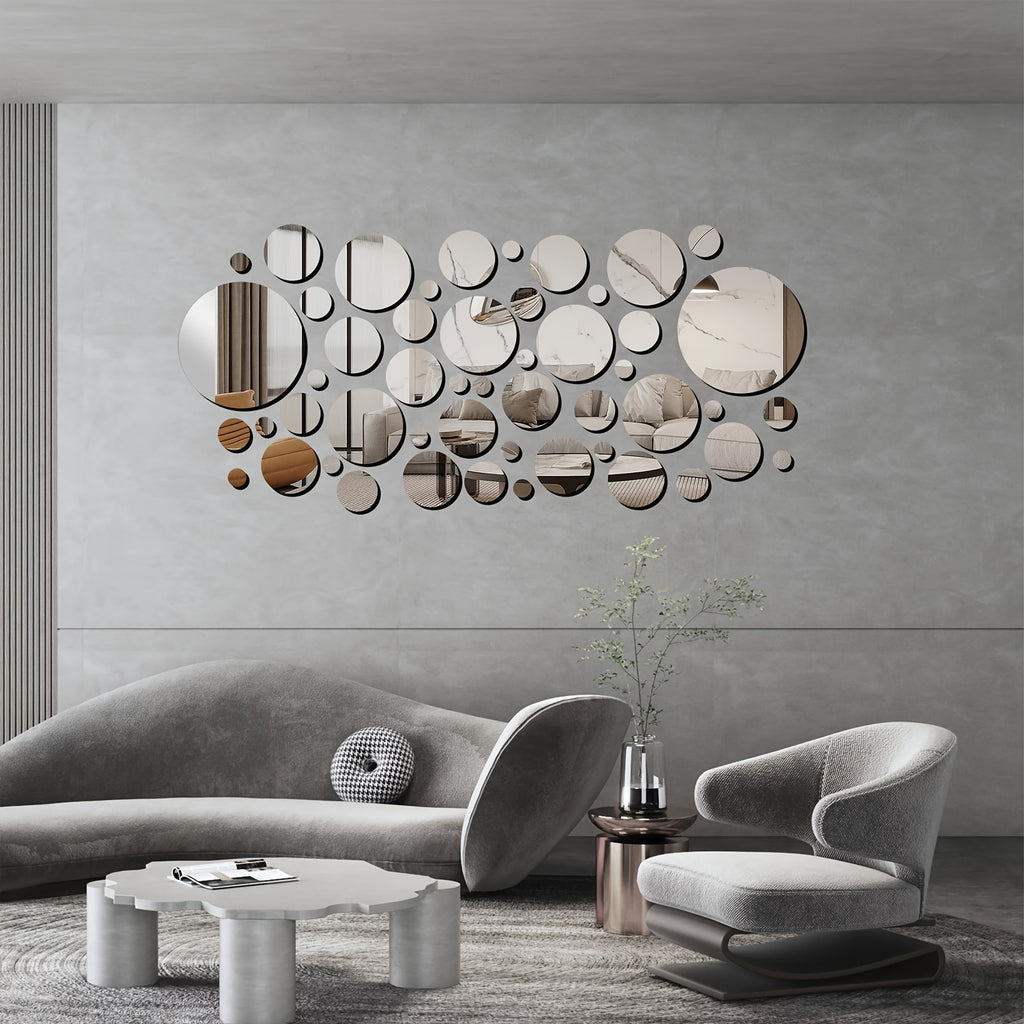 Round Mirror Wall Stickers, 50-Piece Self-Adhesive Acrylic Circle Decals in 0.9–5.9 Inch Sizes for DIY Bedroom, Bathroom and Office Decor