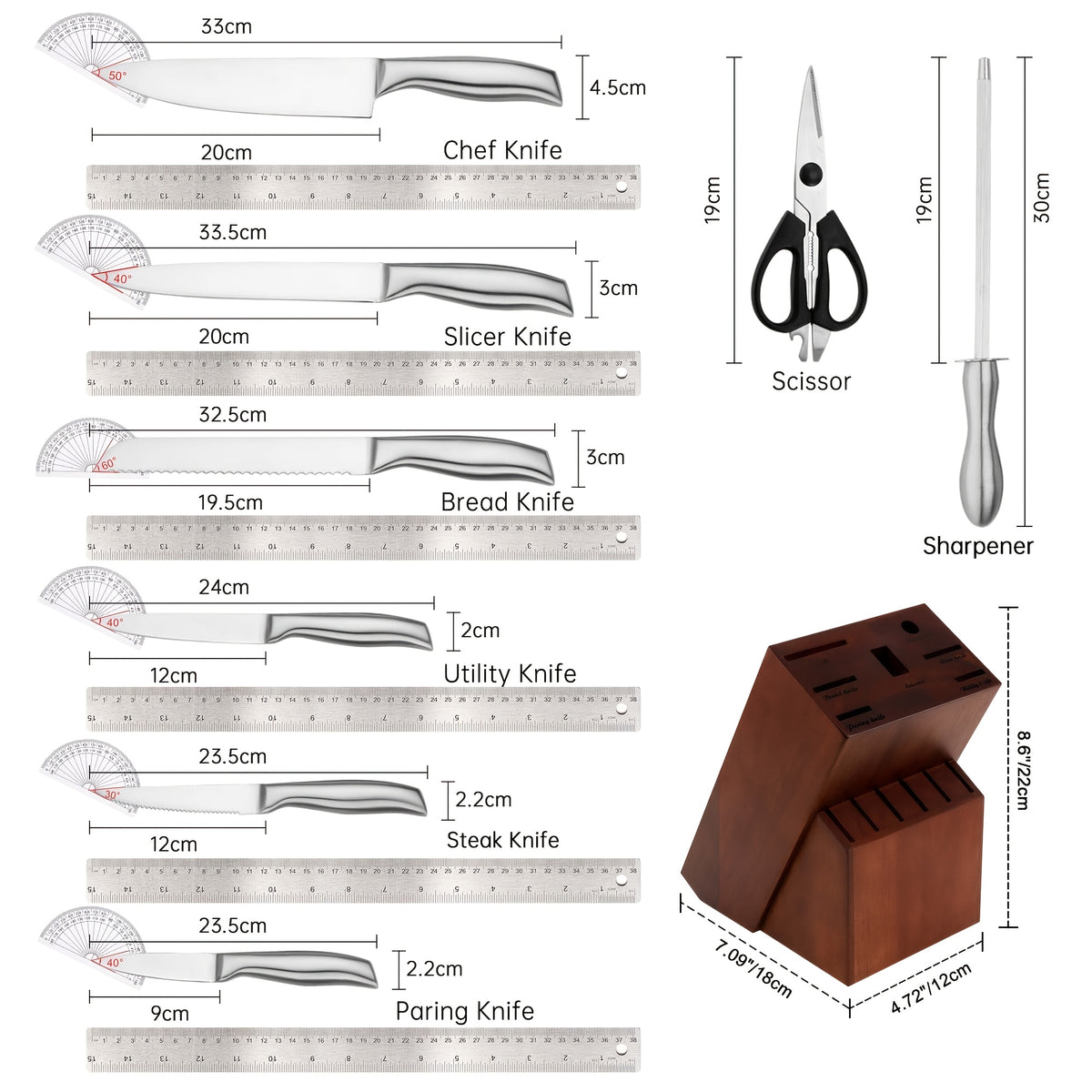 Kitchen Knife Set, 15pcs Knife Set With Block Wooden, Self Sharpening For Chef Knife Set, Medium Carbon Stainless Steel Hammered Knife Block Set With Steak Knives, Knives For Men, Boxed Knife Sets For Kitchen, For Family Gift, Local Warehouse