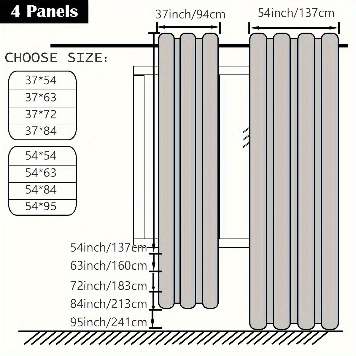 Set of 4 Complete Blackout Curtains for The Bedroom Featuring a Black-Coated Film for Total Light Blockage And Thermal Insulation with Ring Top Design