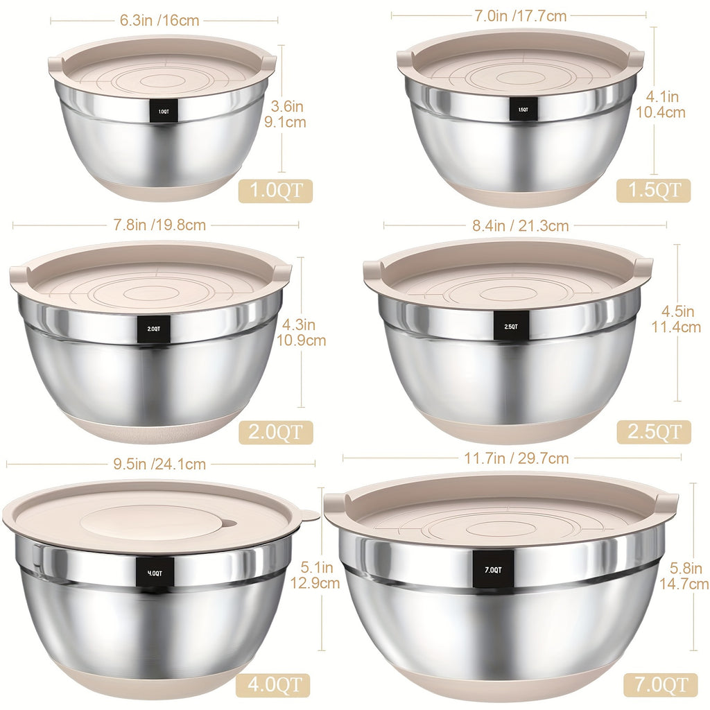 26pcs Mixing Bowls with Airtight Lids, Stainless Steel Bowls Set, 3 Grater Attachments & Black Non-Slip Bottoms Size 7, 4, 2.5, 2.0, 1.5, 1QT, Great for Mixing & Serving