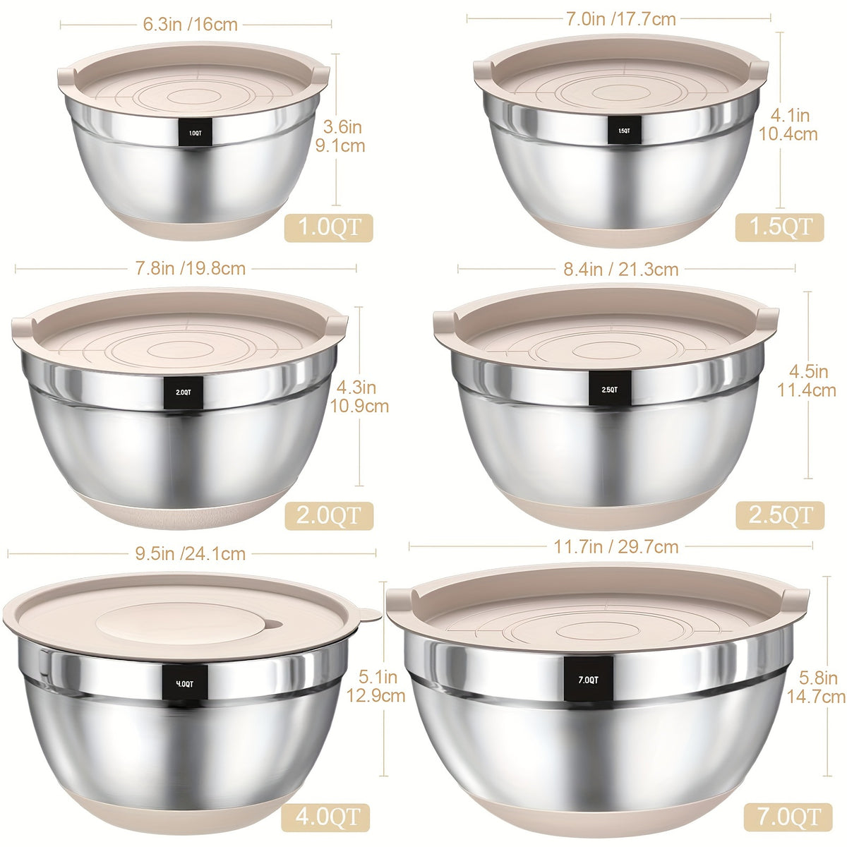26pcs Mixing Bowls with Airtight Lids, Stainless Steel Bowls Set, 3 Grater Attachments & Black Non-Slip Bottoms Size 7, 4, 2.5, 2.0, 1.5, 1QT, Great for Mixing & Serving