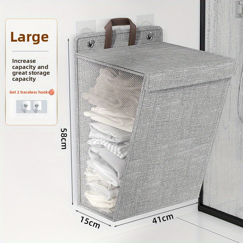 Foldable Wall-Mounted Laundry Hamper Basket - Space-Saving Oxford Cloth Storage Organizer with Lid, Modern Design for Bedroom, Living Room & Bathroom - Multi-Purpose Clothes & Toy Storage, Laundry Basket, Sturdy Wall Mounts, Contemporary Home Decor, Reinf